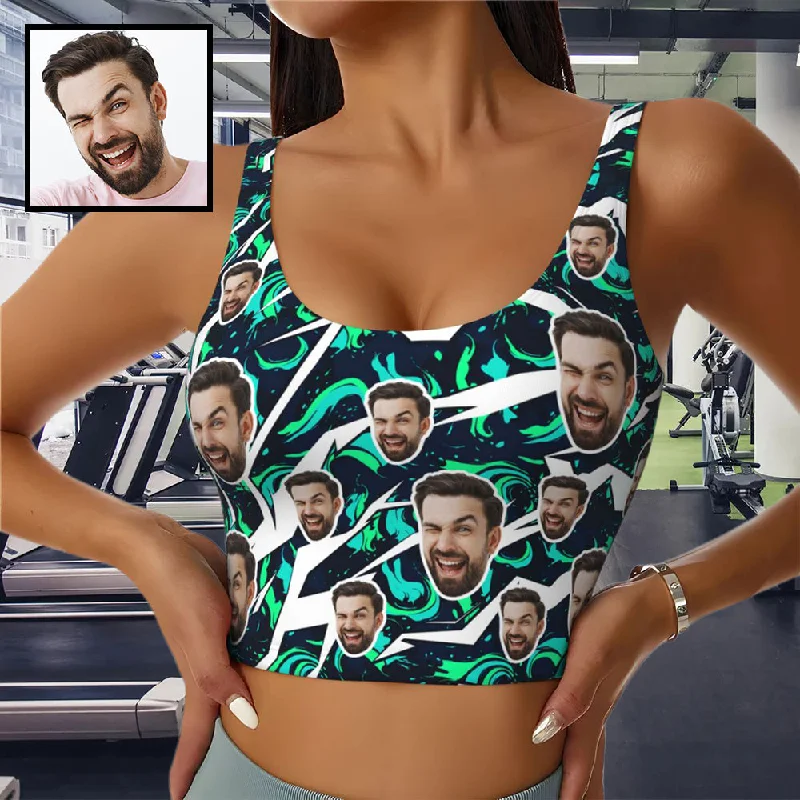 Super Sale Custom Face Green Swirl Sports Bra Personalized Women's All Over Print Yoga Sports Bra Super Sale Custom Face Green Swirl Sports Bra Personalized Women's All Over Print Yoga Sports Bra