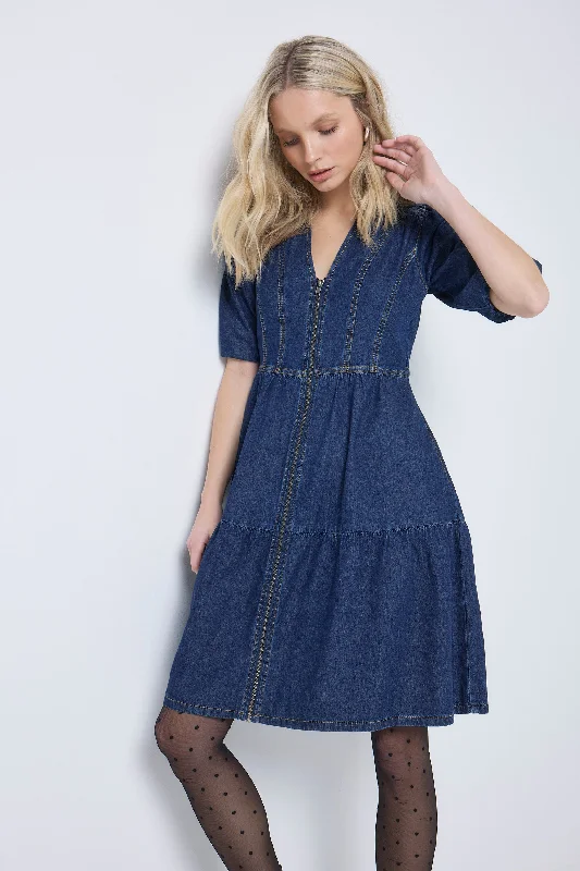 statement dressAuthentic Indigo Zip Detail Tiered Short Denim Dress