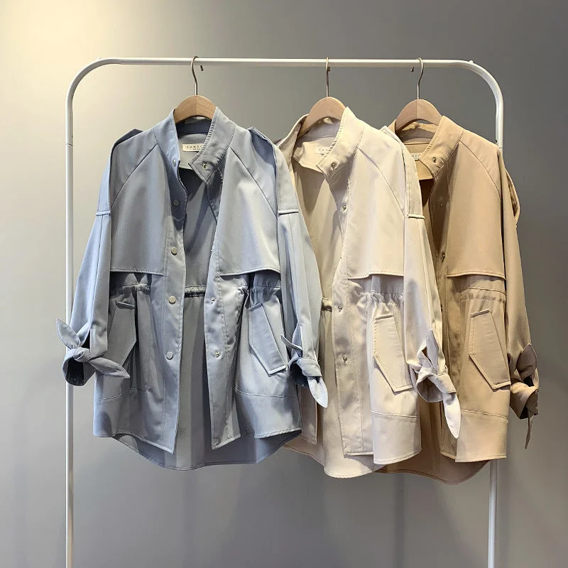 Fashion Trench Coats Female Spring Windbreaker Drawstring Coats Casual Loose Safari Clothes Stand Collar