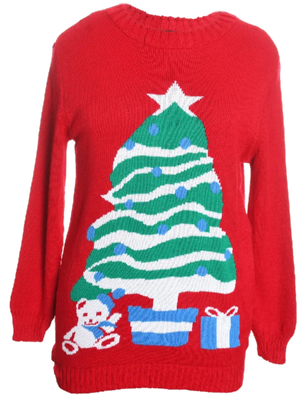Closeout Red Christmas Tree Design Knit Jumper - M