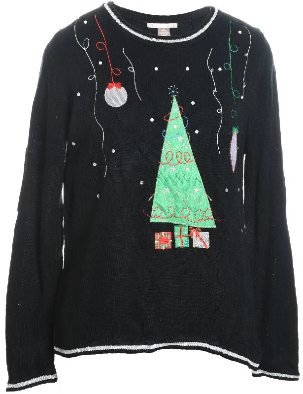 Steals and Deals Black Embroidered Knit Christmas Jumper - M