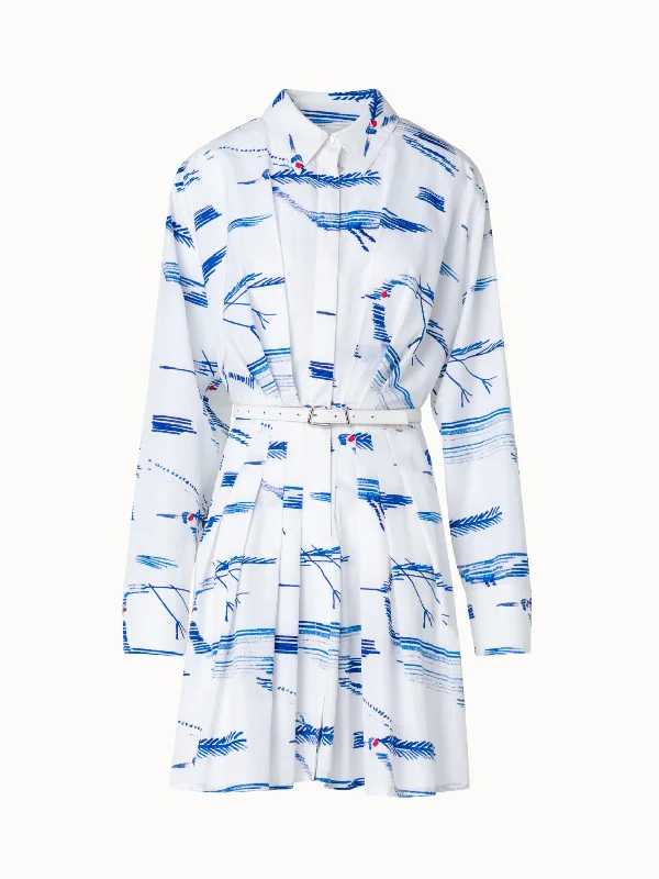 summer dressPleated Cotton Shirt Dress with Kasuri Birds Print