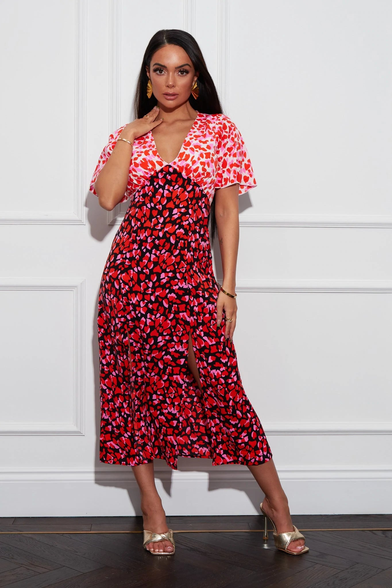 knit dressAnita Multi Heart Print Angel Sleeve Midi Dress