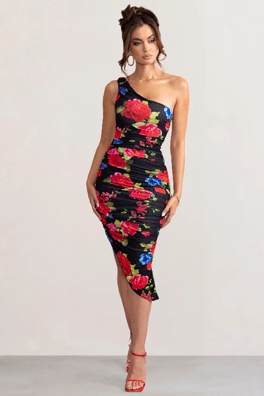 Daily Deals Late Night | Black Floral Print Asymmetric One Shoulder Ruched Midi Dress