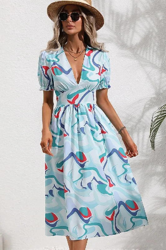 chic shift dressCOLOR WAVE PAINTING DEEP V NECK PUFF DRESS