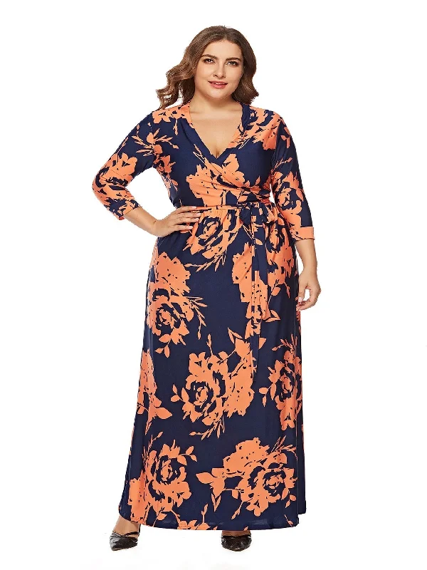 layered dressKittenAlarm - Women's Printed Plus Size Stand Collar 3/4 Sleeve Long Wrap Dress