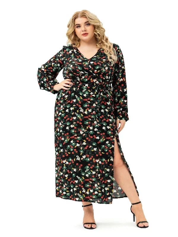 ruched dressKittenAlarm - Plus size Long Sleeve V neck Slit Printd Dress