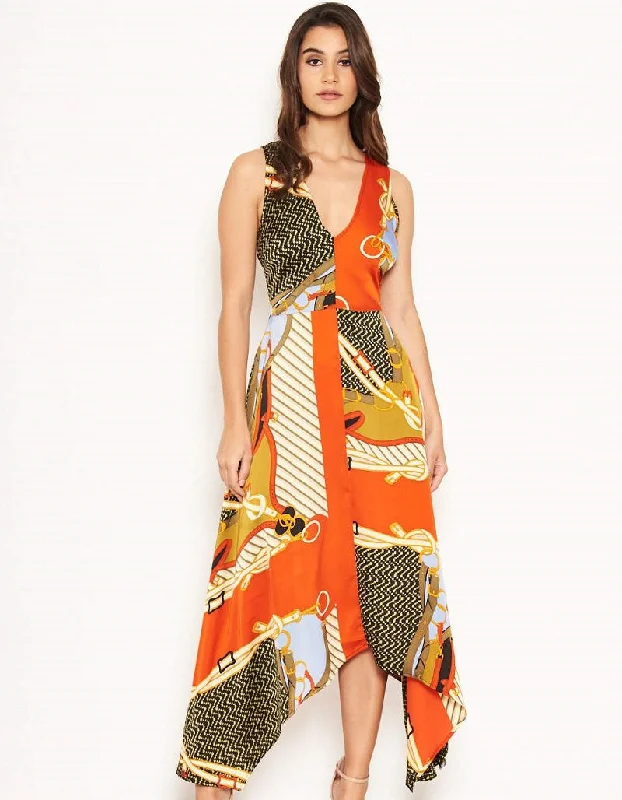 casual shift dressCaroline Orange Multi Chain Print Midi Dress