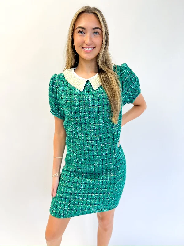 backless dressGreen Pearl Trimmed Collar Dress