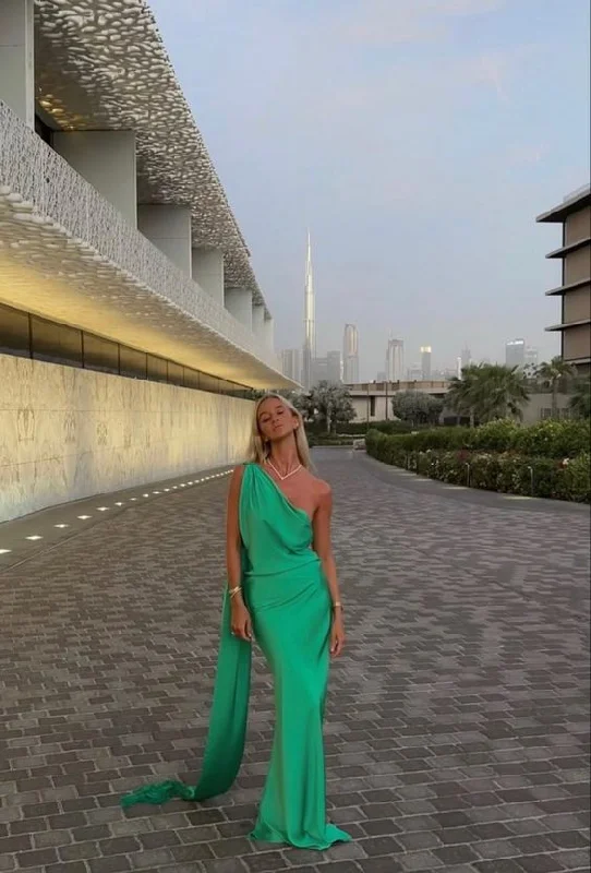 Price Drop elegant evening dressGreen One Shoulder Long Prom Dress Party Dress with Slit,DP856