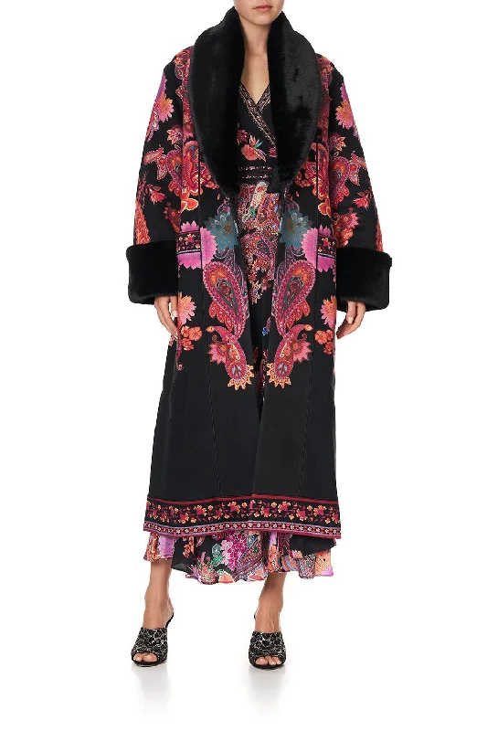 Hot Deal COAT WITH FAUX FUR TRIM AND BELT SWINGING SIXTIES